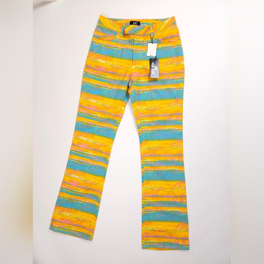 Karl Kani Vintage 90s NWT Turquoise Yellow Flare Denim Jeans 28 Small - Picture 2 of 16